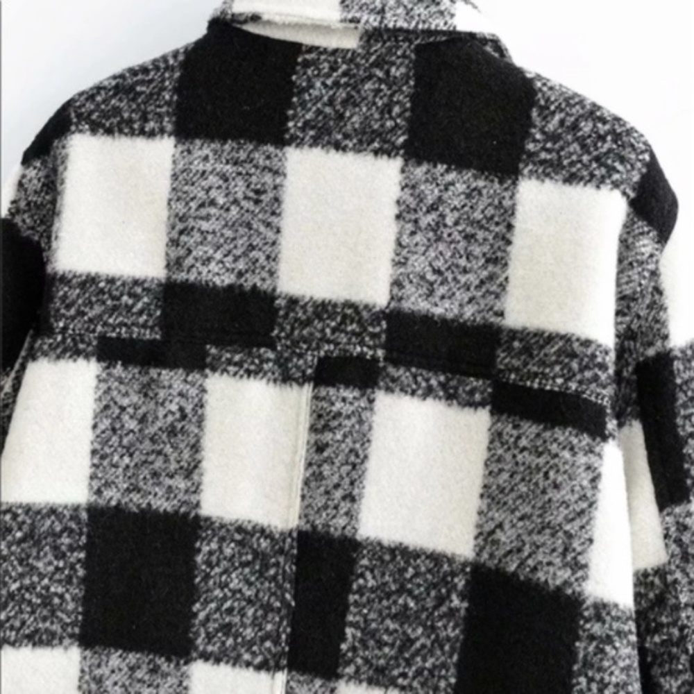 Boyfriend Fit Plaid Jacket Coat Black White - Picture 3 of 16